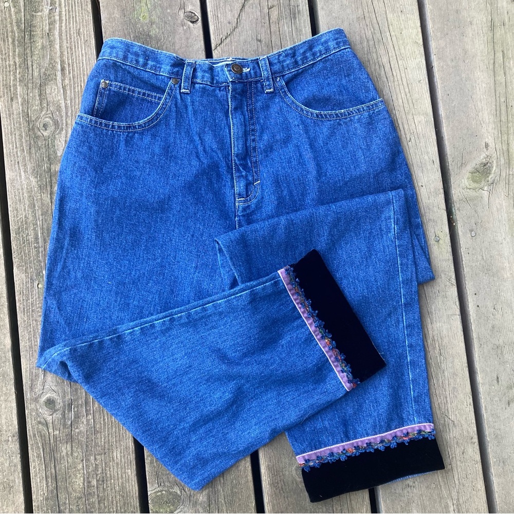 Boho Jean DEMOCRACY Barrel Colorful Floral Tencel Blue Denim Black Velvet Size 8